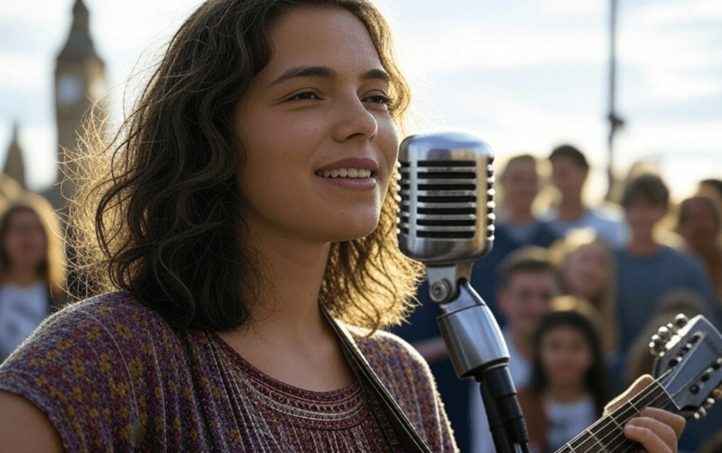 Artist busking on the street, happily performing