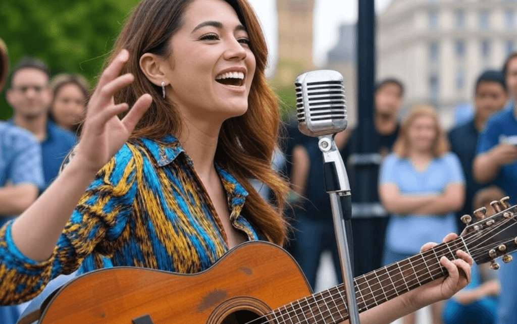 Artist busking on the street, happily performing