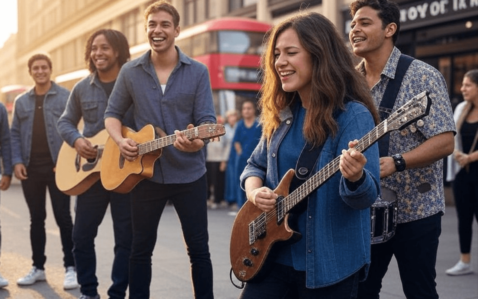 Artist busking on the street, happily performing