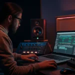 Indie music producer at a home studio mixing console with mastering plugins on screen and an AI assistant overlay