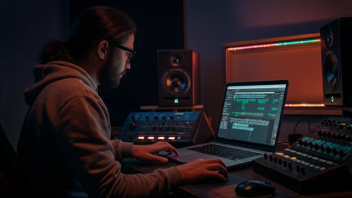 Indie music producer at a home studio mixing console with mastering plugins on screen and an AI assistant overlay