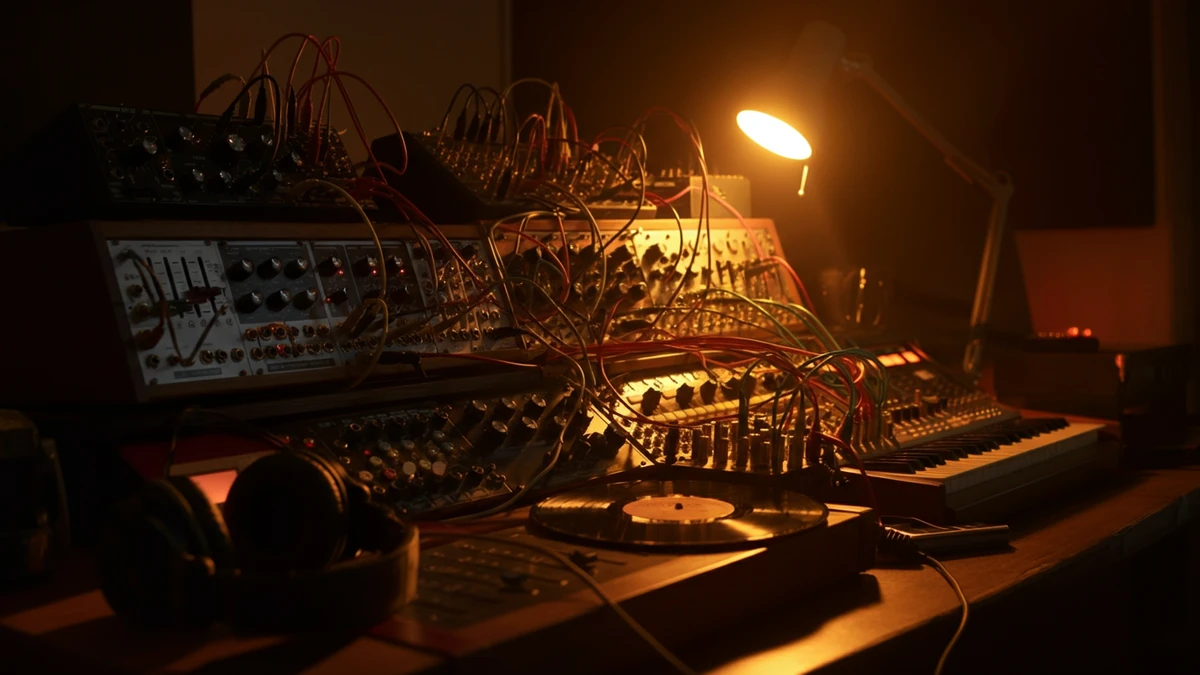 Analog modular synthesizer rig in a dimly lit home studio with patch cables, a vinyl record and headphones beside a small mixing console.