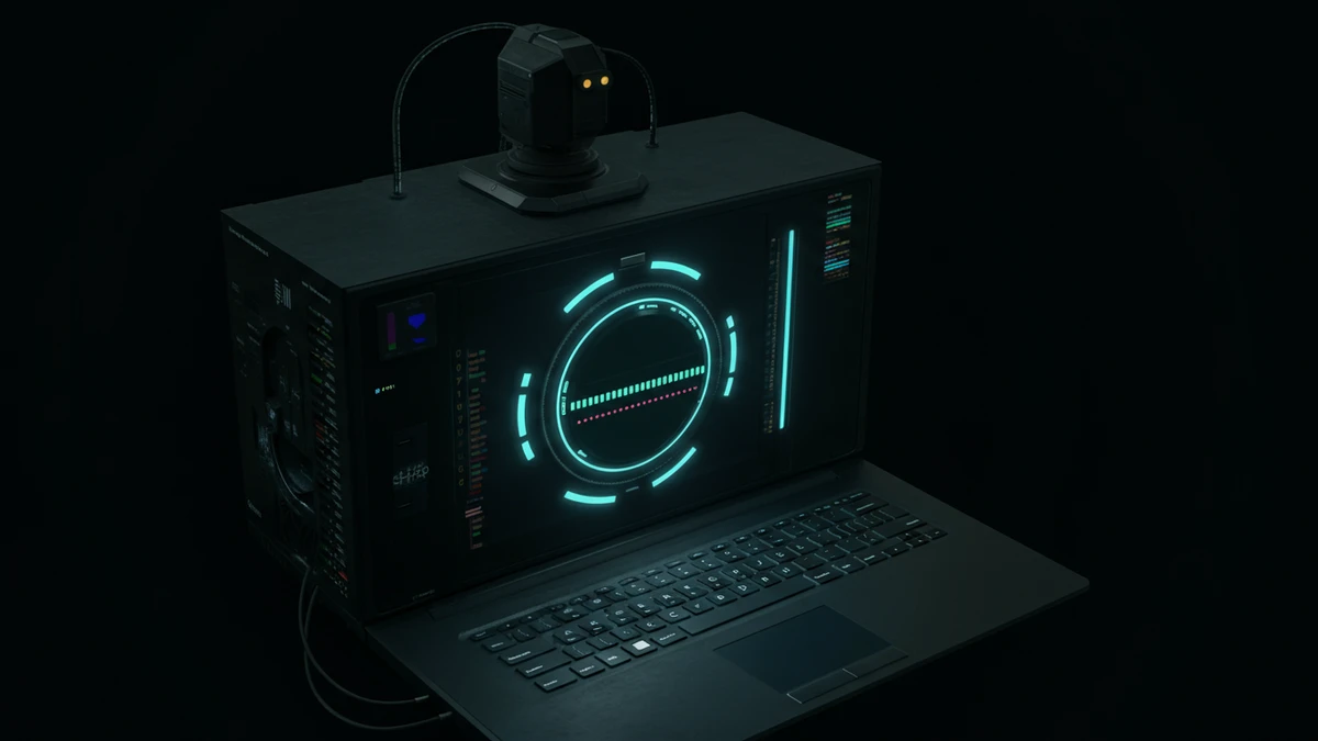 Indie musician at a laptop in a home studio reviewing Spotify Marquee campaign metrics, with headphones, audio interface, and an electric guitar nearby