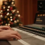 An engineer's hands on a mixing console in a recording studio with a festive Christmas tree blurred in the background.
