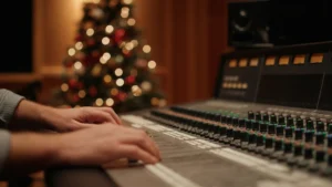 An engineer's hands on a mixing console in a recording studio with a festive Christmas tree blurred in the background.