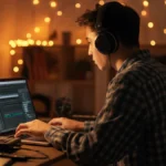 A musician wearing headphones works on a laptop in a home studio with festive lights in the background.