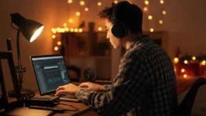 A musician wearing headphones works on a laptop in a home studio with festive lights in the background.